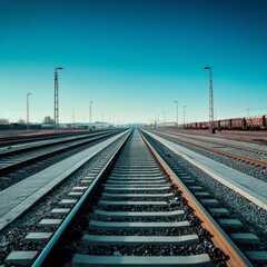 Obraz premium Railway interchange. Empty rail track. A low-poly construction of interconnected lines and dots. Blue background.