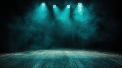An empty stage illuminated by three bright spotlights with a prominent smoky atmosphere, suggesting a dramatic setup for performance or photography session.