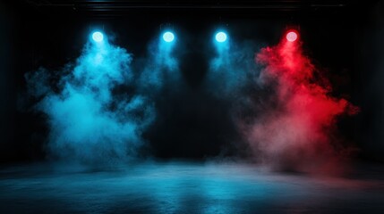 The stage is dynamically illuminated with both red and blue smokey lighting, forming an intense visual atmosphere, perfect for creative and theatrical expressions.