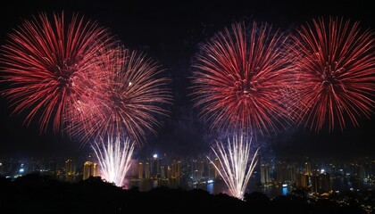 A night sky filled with colorful fireworks over the city. The light of the fireworks illuminates the skyscrapers, creating a spectacular and festive sight.
