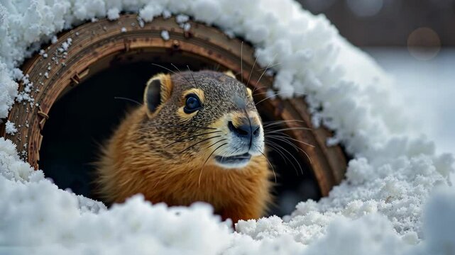 Curious ground squirrel peeks out from snowy burrow in winter wonderland