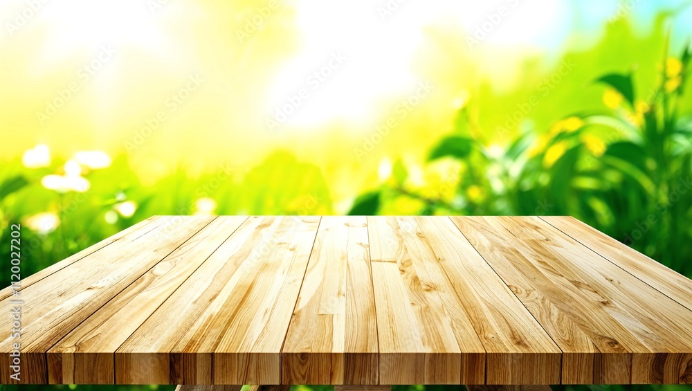 Poster empty of wood table top on blur of fresh green abstract from garden with sunlight .for montage produ