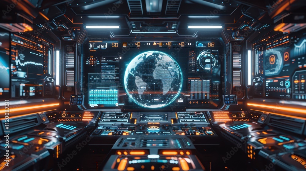 Poster futuristic spaceship control room interface global monitoring system