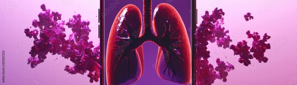 Poster exploring ai-driven mobile health insights a futuristic phone screen displaying lungs in a digital e