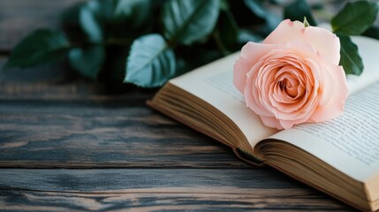 A soft pink rose rests delicately on an open book, revealing yellowed pages and textured edges. The rustic wooden surface adds warmth to this serene, inviting setting.