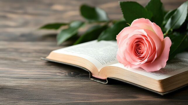 A soft pink rose rests delicately on an open book, revealing yellowed pages and textured edges. The rustic wooden surface adds warmth to this serene, inviting setting