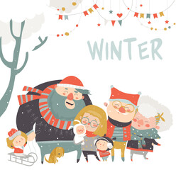 Winter fun. Happy family at winter vacation. Vector greeting card