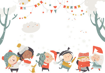 Cartoon happy children enjoying winter. Hello snow. Vector illustration
