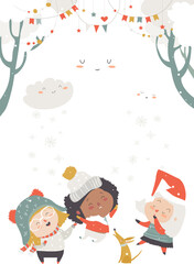 Cartoon happy children enjoying the snow. Hello snow. Vector illustration