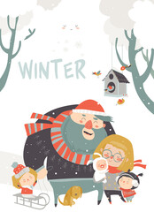 Winter fun. Happy family at winter vacation. Vector greeting card