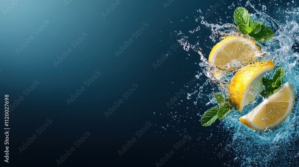 Poster slices of lemon and mint collide energetically with water, creating a beautiful explosion of freshne