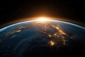 An awe-inspiring view of Earth from space showcasing the illuminated continents and the curvature...