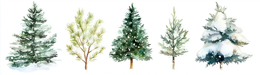 Watercolor illustration of winter trees, including pine and spruce, showcasing various shades of green and snow. serene and peaceful winter scene