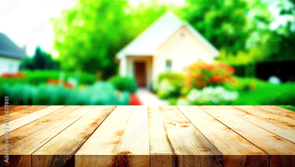 Aufkleber empty of wood table top on blur of fresh green abstract from garden with sunlight .for montage produ