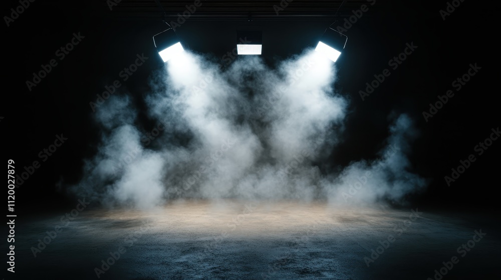 Poster an atmospheric stage featuring unique square lights casting shadows through heavy mist, creating an 