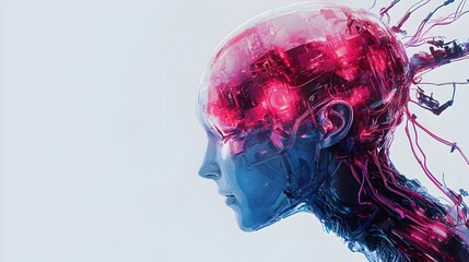 Cybernetic Mind: A mesmerizing digital art portrait of a female cyborg, showcasing intricate wiring and glowing internal components.  The artwork explores themes of artificial intelligence.