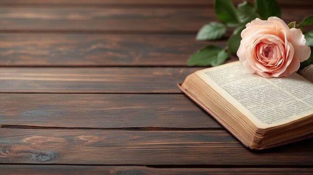 A soft pink rose rests delicately on an open book, revealing yellowed pages and textured edges. The rustic wooden surface adds warmth to this serene, inviting setting