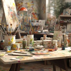 Vibrant Workspace with Painting Supplies and Tools