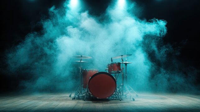 A vibrant red drum set is staged under dramatic blue lighting with swirling smoke, creating a compelling and atmospheric scene evocative of a live music performance. - Powered by Adobe