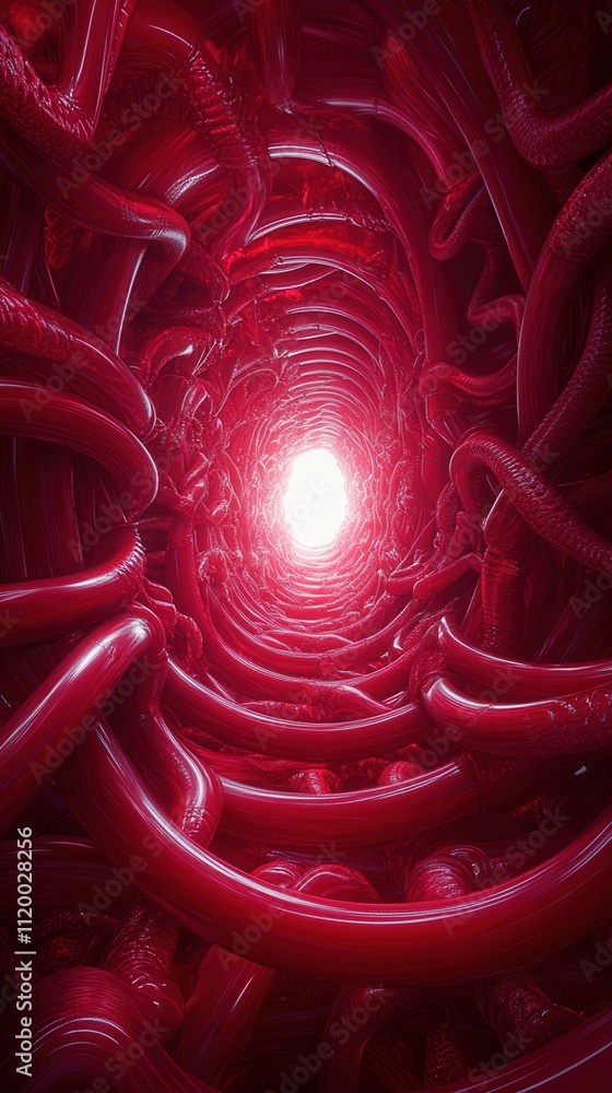 Poster a surreal, abstract rendering of intertwining, red structures leading toward a bright light, evoking