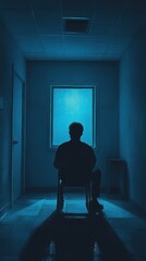 Obraz premium Solitary Figure Seated Observing A Window In A Blue Hallway