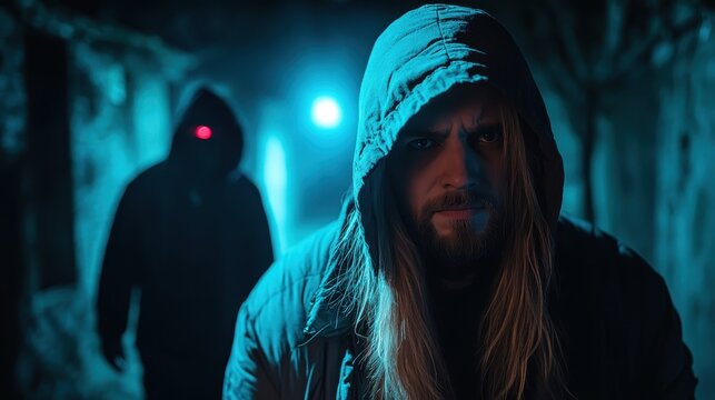 A man with long hair wearing a hooded jacket glares intensely, with a shadowy figure behind him in an alley illuminated by a mysterious blue light.