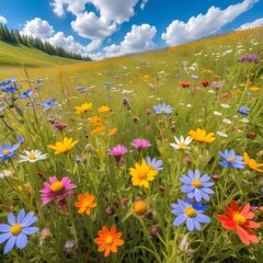 Obraz premium Field of Wild Flowers with Blue Sky