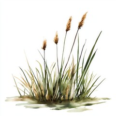 Simple Watercolor Clip Art of Small Grases and Reeds in Lake Style on White Background