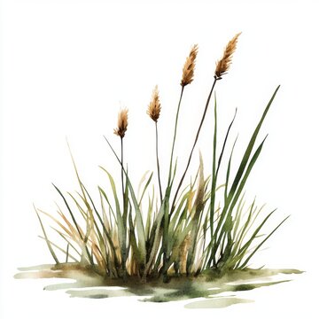 Simple Watercolor Clip Art of Small Grases and Reeds in Lake Style on White Background