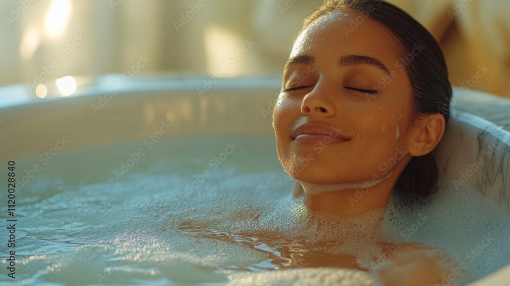 Aufkleber a woman enjoys a peaceful moment in a spa bath, surrounded by soft lighting and warm water. her sere