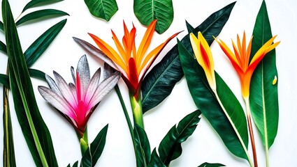 Obraz premium Exotic tropical flower strelizia and xanadu leaves on white background.nature concepts