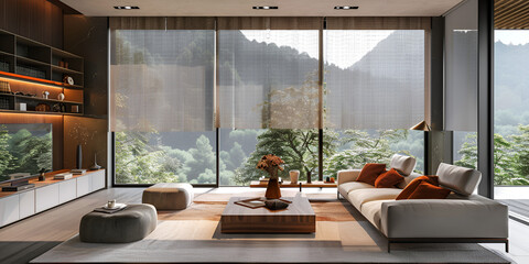 Fototapeta premium Smart Home Interior with Intelligent Windows – Modern Living Redefined