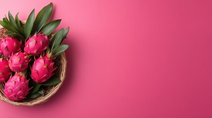 Obraz premium A wicker basket filled to the brim with vibrant pink dragon fruits, all resting on a striking pink background, highlighting their tropical allure and freshness.