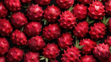 An abundant collection of dragon fruits, filling the entire frame with their rich, bright red color and striking details, showcasing a feast for the eyes.