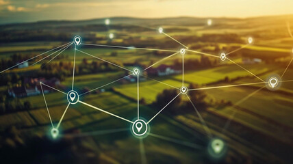 network of digital connections with location markers over scenic landscape, showcasing technology integration with nature
