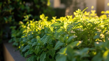 Fototapeta premium Lush green mint plants bathed in warm sunlight.