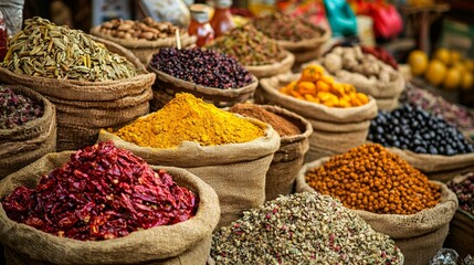 Fototapeta premium Sacks of colorful spices in a traditional market