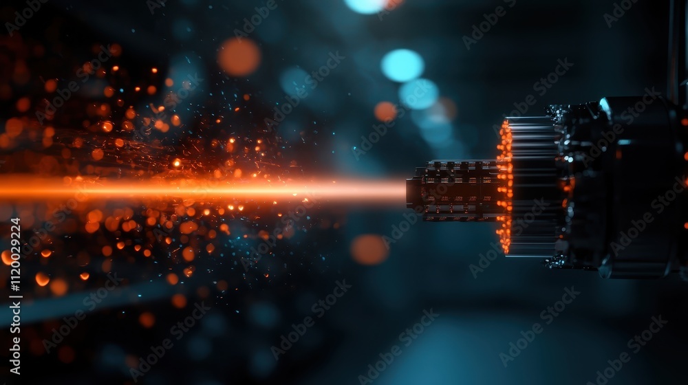 Poster dynamic sparks emanate from a sophisticated machine in an industrial setting, showcasing advanced te