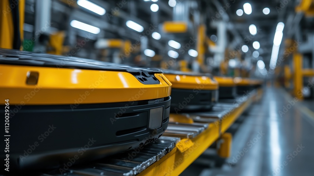Poster sleek robots smoothly moving on a conveyor belt in a modern factory, reflecting automation and advan