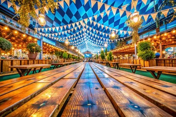 Wooden Planks with Blue and White Rhombs at Oktoberfest Celebrations in Germany, Showcasing Colorful Festive Atmosphere and Traditional Decor for Autumn Festivals