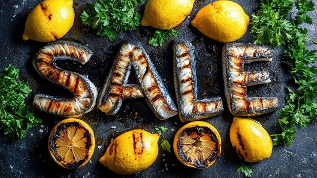Grilled fish arranged with lemons and herbs for a vibrant market promotion event