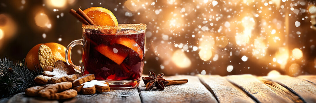 Gl&uuml;hwein mit Zimt und Orange oder Punsch mit Weihnachtskeksen und Textfreiraum