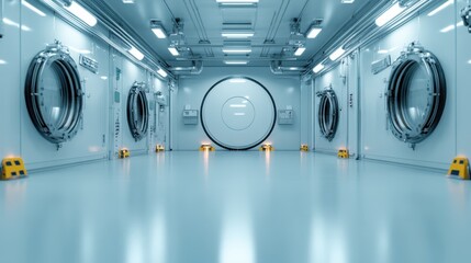 A sleek and futuristic clean room environment with advanced equipment lining the walls, creating an atmosphere of technological prowess and sterile efficiency.