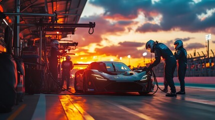 Sunset Pit Stop: Race Car Team in Action at a Golden Hour Race Track