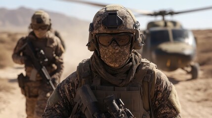 Obraz premium A pair of masked soldiers advance confidently with a helicopter near, displaying the synchrony and readiness required in versatile desert operation environments.