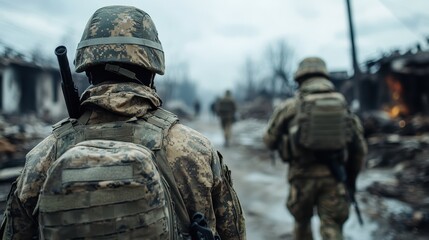 A group of heavily equipped soldiers advances through a war-torn area, showcasing a war scene with destroyed structures and desolation surrounding them.