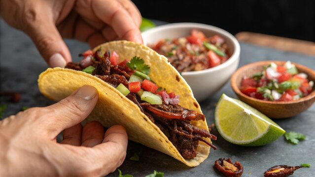 Preparing chapulines tacos with salsa, lime, and fresh herbs in a rustic setting