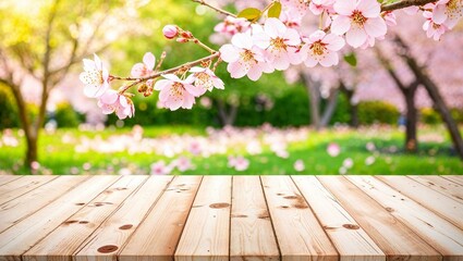 Empty wooden table in Sakura flower Park with garden bokeh background with a country outdoor theme, Template mock up for display of product