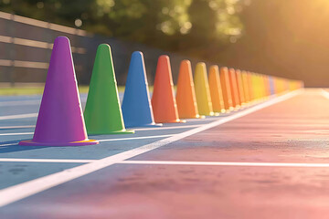 track and field events, bright cones delineating relay lanes, rhythmic track sounds of sneakers, and sheer delight in youthful faces during sports day