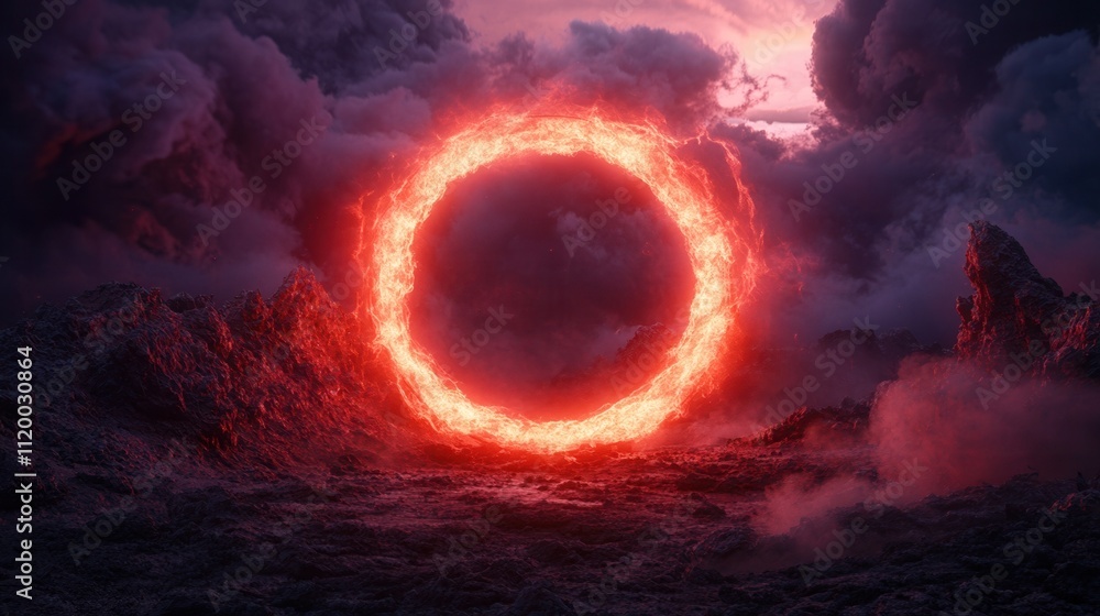 Poster a glowing red circular portal surrounded by dark clouds and rocky terrain, creating a mystical and d